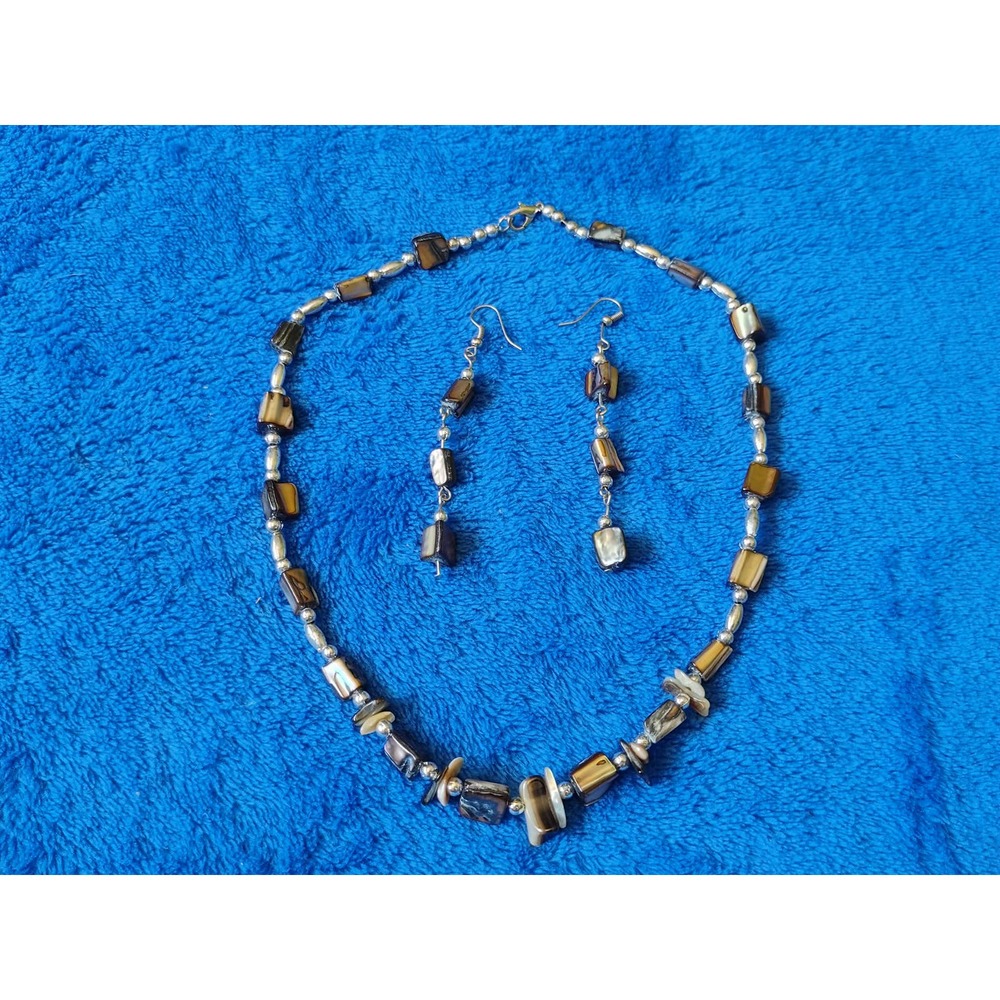 Abalone Shell Chip Beaded Brown Iridescent  Necklace Earring Set